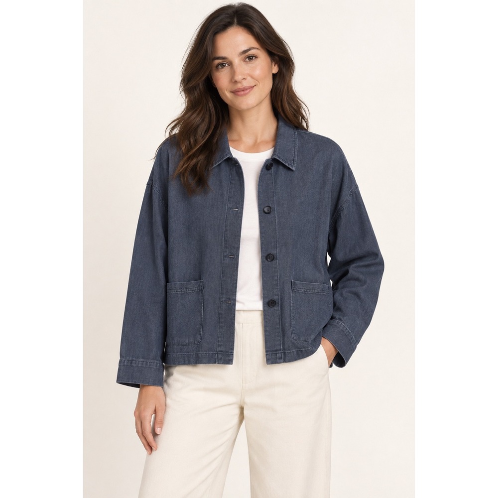 NWT Eileen Fisher Denim Classic Collar Chore Jacket Blue Medium Organic Cotton